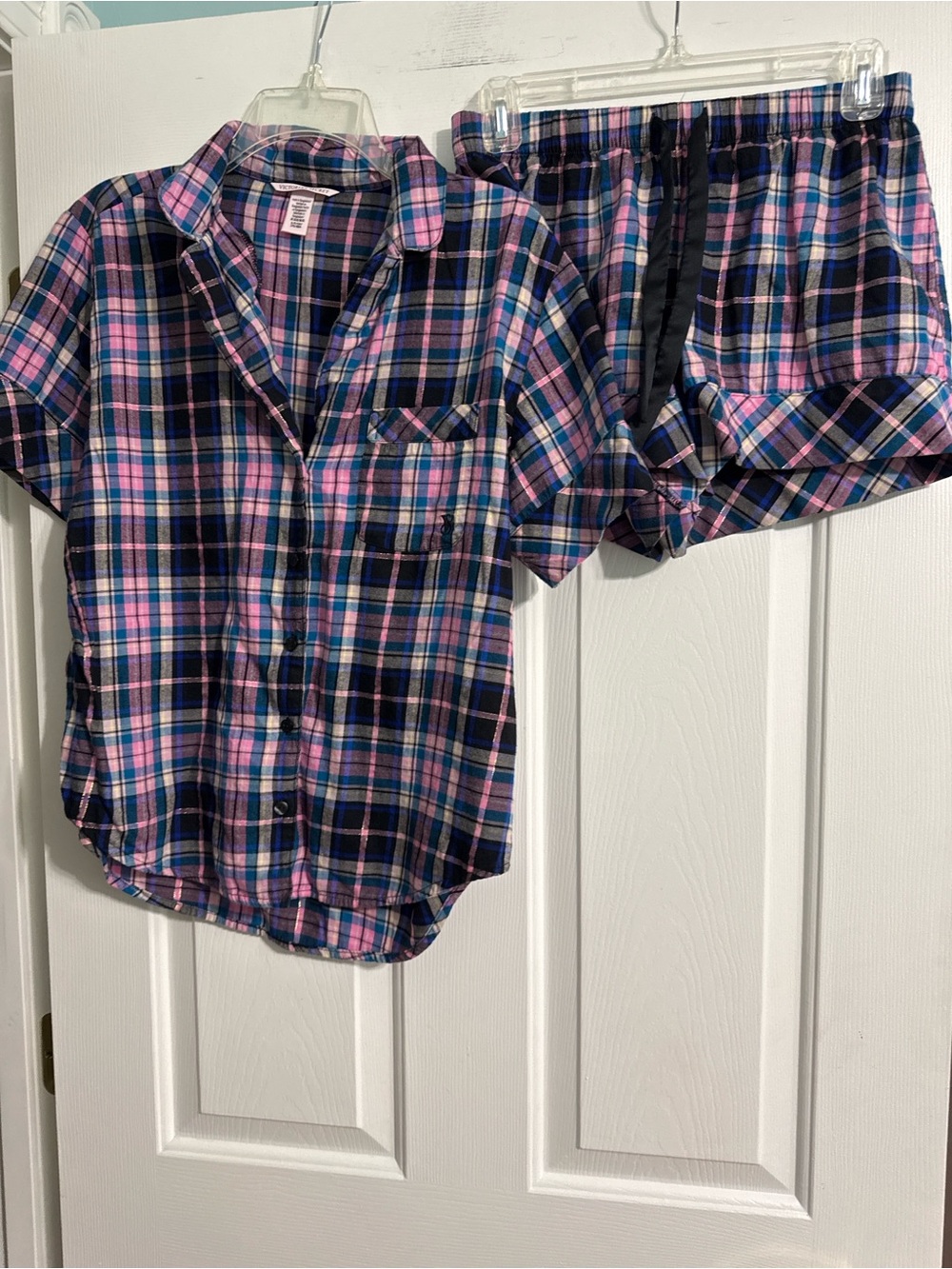Victoria's Secret Pink and Navy Plaid Button-Down Pajama Set